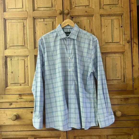 Tommy Hilfiger Large (16 1/2 / 34/35) Blue White Checked Long Sleeve Button Fron - Picture 1 of 9